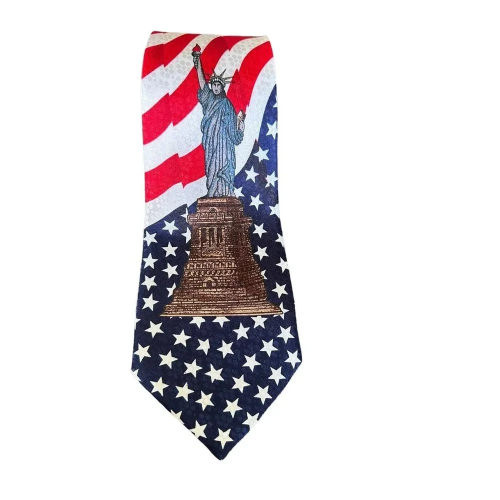 Vintage Statue Of Liberty, America Flag Necktie Tie Renaissance Hand Made 59”x4”